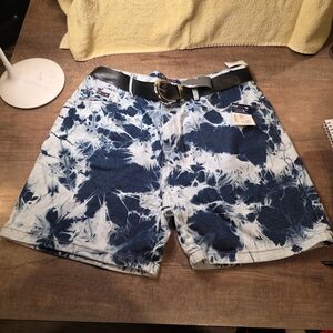 Women's Blue Tie-Dye Jean Shorts with Belt